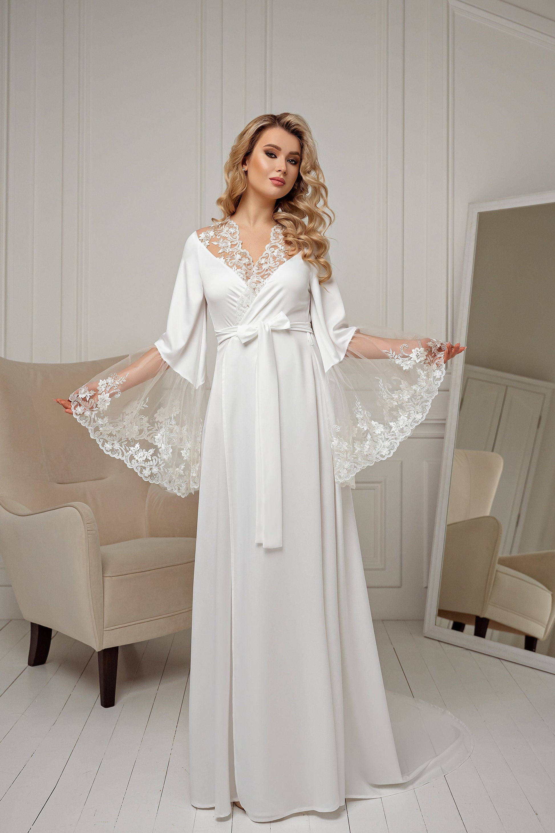 bridal robe with lace sleeves