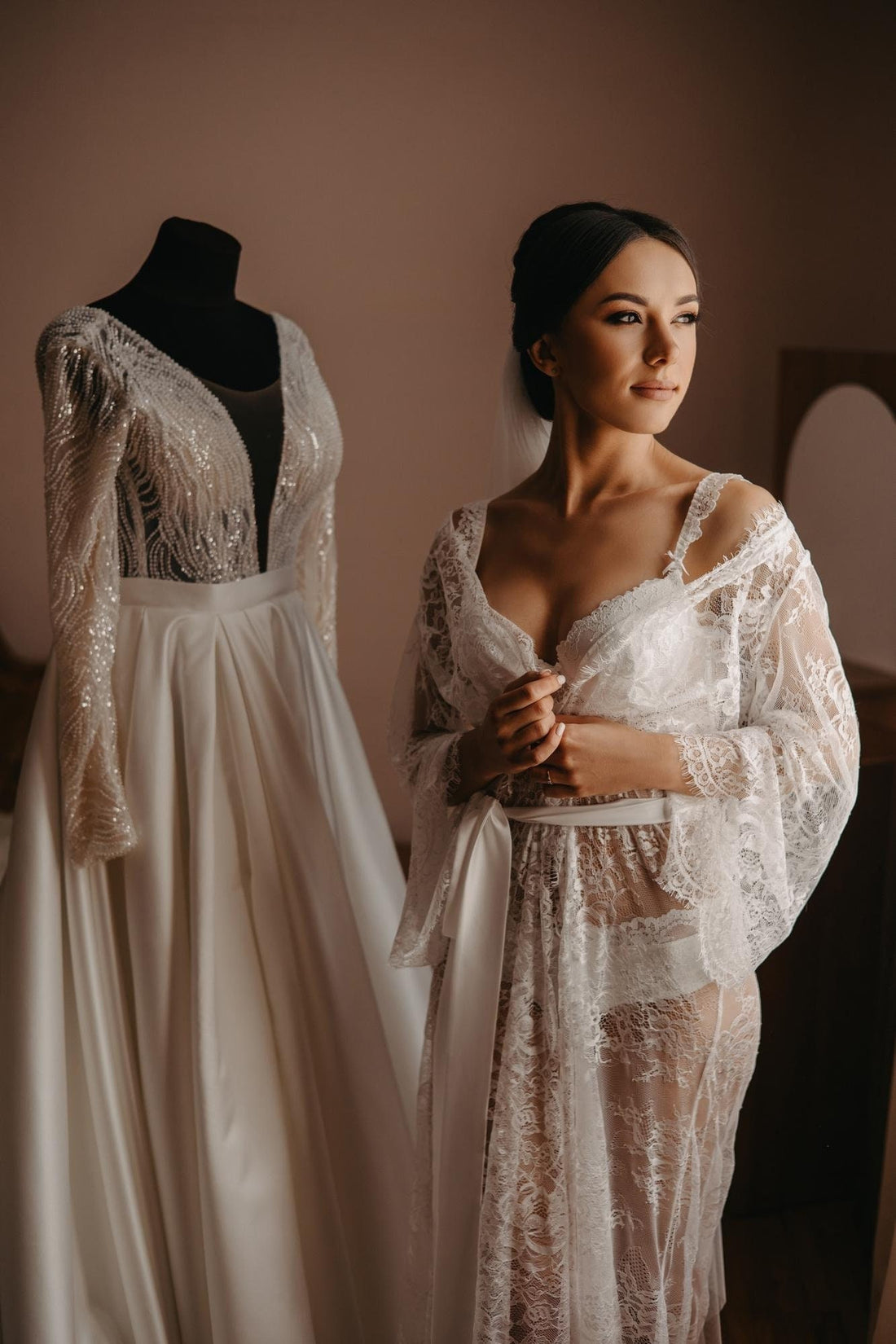 Lace bridal robe, bridal robe long, sheer robe, lace robe long, bridal lingerie